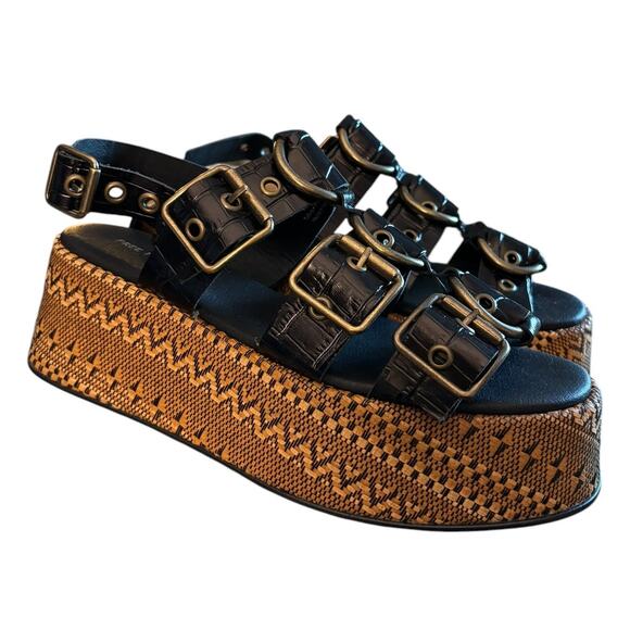 NIB Free People Amor Flatform Sandals Women's Size 9 M Black Gold Weave Platform - Picture 1 of 14